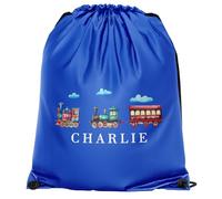Purple Print House Personalised Trains Drawstring Bag Custom Name Steam Train And Carriage Design Back To School Boys PE Sports Bag, One Size, Royal