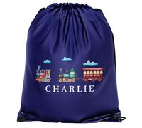 Purple Print House Personalised Trains Drawstring Bag Custom Name Steam Train And Carriage Design Back To School Boys PE Sports Bag, One Size, Navy