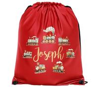 Purple Print House Personalised Trains Kids Drawstring Bag Custom Name Steam Train PE Kit Bag for Boys Girls Back to School Sports Gift, One Size, Red