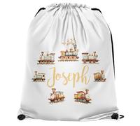 Purple Print House Personalised Trains Kids Drawstring Bag Custom Name Steam Train PE Kit Bag for Boys Girls Back to School Sports Gift, One Size, White