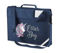 Purple Print House Personalised Unicorn Book Bag with Strap Silver Glitter Custom Name with Unicorn Head Design Back to School Infants Gift, One Size, Navy
