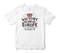 Purple Print House Personalised Victory in Europe Kids T Shirt Union Jack Design for VE Day 80th Anniversary Celebrations, 12-13 Years, White
