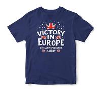Purple Print House Personalised Victory in Europe Kids T Shirt Union Jack Design for VE Day 80th Anniversary Celebrations, 7-8 Years, Navy
