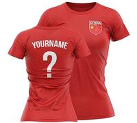 Purple Print House Personalised Womens China Shirt Flag Football T Shirt Ladies Custom Name Number Printed Chinese Retro Soccer Badge Supporter Her, M, Red
