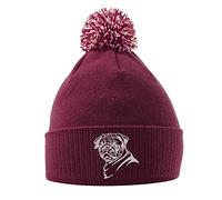 Purple Print House Pug Hat - Bobble Beanie Hat - Dog Owner Gifts for Girls - Winter Beanie Hat with Pug Embroidered On The Front, One Size, Maroon