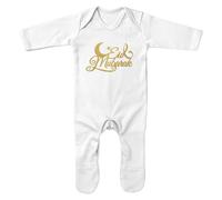 Purple Print House Ramadan Romper Suit - Gold Eid Mubarak Half Moon Sleepsuit - Islamic Muslim Baby Gift, 0-3 Months, White