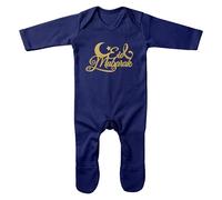 Purple Print House Ramadan Romper Suit - Gold Eid Mubarak Half Moon Sleepsuit - Islamic Muslim Baby Gift, 6-12 Months, Navy