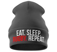 Purple Print House Rugby Gifts - Eat Sleep Rugby Repeat - Embroidered Beanie Hat - Gifts for Boys & Men (Grey)