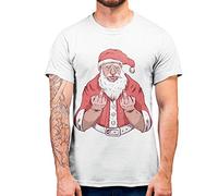 Purple Print House Santa Middle Finger - Mens Christmas T Shirt - Funny T Shirt - Rude Offensive Xmas Festive Tshirt Novelty Shirt (Large - Mens, White)