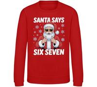 Purple Print House Santa Says Six Seven Kids Christmas Sweatshirt - Funny 6 7 Trend Xmas Jumper for Son or Daughter - Boys Girls Viral Meme Festive Sweater, 5-6 Years, Red
