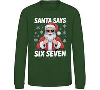 Purple Print House Santa Says Six Seven Kids Christmas Sweatshirt - Funny 6 7 Trend Xmas Jumper for Son or Daughter - Boys Girls Viral Meme Festive Sweater, 12-13 Years, Bottle Green