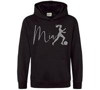 Purple Print House Silver Glitter Personalised Football Hoodie, Gifts for Girls On The School Team, Custom Footy Gifts for Her, Soccer Hoody, 7-8 Years, Black