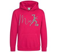 Purple Print House Silver Glitter Personalised Football Hoodie, Gifts for Girls On The School Team, Custom Footy Gifts for Her, Soccer Hoody, 9-11 Years, Bright Pink