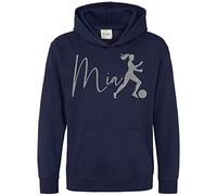 Purple Print House Silver Glitter Personalised Girls Football Hoodie, Gifts for Girls On The School Football Team, Custom Footy Gifts for Her, Soccer Hoody, 9-11 Years, Navy