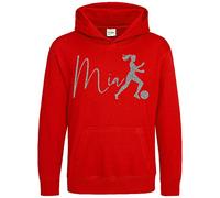Purple Print House Silver Glitter Personalised Girls Football Hoodie, Gifts for Girls On The School Team, Custom Footy Gifts, Soccer Hoody, 12-13 Years, Red