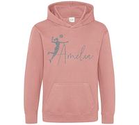 Purple Print House Silver Glitter Personalised Girls Volleyball Hoodie, Birthday Gifts for Volley Ball Playing Daughter, Gift for Girls on their School Netball Team, 9-11 Years, Dusty Pink