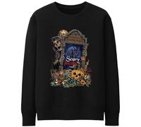 Purple Print House Spooky Halloween Sweatshirt Men Women Horror Nights Graveyard Scene Scary Ghost Skeleton Pumpkin Jumper Gift, S, Black
