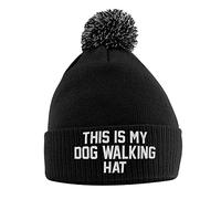 Purple Print House This is My Dog Walking Hat Bobble Hat, Birthday Accessories New Puppy Gifts Warm Winter Knitted Beanie Hat with Faux Fur Pom Pom for Womens Kids Girls Boys and Men, One Size, Black