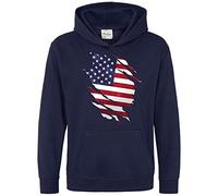 Purple Print House Torn Effect USA Flag Kids Hoodie, Funny Ideas For Boys and Girls,American Soccer Supporters Flag Pull Over Hooded Top, 9-11 Years, Navy