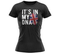 Purple Print House Union Jack Flag Womens T Shirt British Its in My DNA UK England Football World Top Tee, L, Black