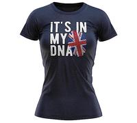 Purple Print House Union Jack Flag Womens T Shirt British Its in My DNA UK England Football World Top Tee, XXL, Navy