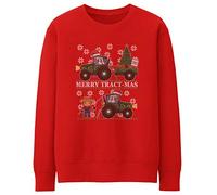 Purple Print House Unisex Merry Tractor Christmas Sweatshirt - Slogan Christmas Ugly Farmer Jumper for Him - Xmas Fair Isle Funny Tee, M, Red