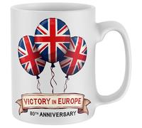 Purple Print House Victory in Europe 80th Anniversary Mug Union Jack Balloons Tea Coffee Cup for VE Day Celebrations