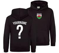 Purple Print House Wales Hoodys for Kids, Wales Flag Badge Custom Name and Number Hoodie, Welsh Football Personalised Retro Europe Cymru 2022 Footy Gifts for Boys Girls, 9-11 Years, Black