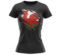 Purple Print House Wales Torn Womens T Shirt, Wales Rugby Gifts, Wales Flag Torn, Welsh Gift, Cymru Rugby Girls Shirt, Wales Present for Her, XXL, Black