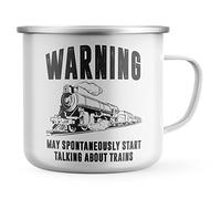 Purple Print House Warning, May Spontaneously Start Talking about Trains Enamel Mug, Train Gifts for Men, Birthday Gift Ideas, Metal Drinking Coffee Cup, One Size, White