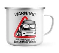 Purple Print House Warning Will Talk About Buses Enamel Mug Unisex Funny Bus Spotter Tea Coffee Metal Cup