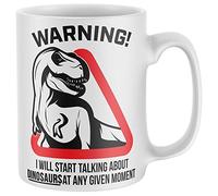 Purple Print House Warning Will Talk About Dinosaurs Mug, Funny Coffee Cup, T Rex Gifts for Him, Dino Birthday Present Ideas For Dad or Son, One Size, White