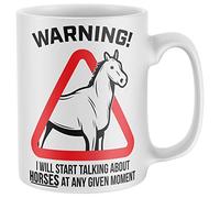 Purple Print House Warning Will Talk About Horses Mug, Funny Coffee Cup, Equestrian Gifts for Her, Horse Rider Birthday Present Ideas For Mum or Daughter, One Size, White