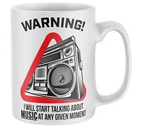 Purple Print House Warning Will Talk About Music Mug, Funny Coffee Cup, Music Gifts for Him, 70s 80s 90s Radio Birthday Present Ideas For Dad or Son, One Size, White