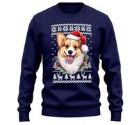 Purple Print House Welsh Corgi Christmas Sweater Xmas Jumper Santa Sweatshirt Men Women, S, Navy