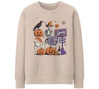 Purple Print House Witch Motel Halloween Sweatshirt for Women - Spooky Skeleton and Pumpkins Design - Ladies Trick or Treat Sweater, M, Natural Stone