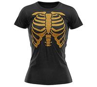 Purple Print House Womens Gold Glitter Skeleton Body T Shirt, Easy Skull Halloween Party Outfit Gifts for Women, Funny Bones Unique and Simple Mum Spooky Ladies Scary Costume Idea, L, Black