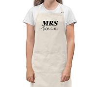 Purple Print House Womens Mrs Custom Name Cotton Apron - Personalised Wedding Gifts For Bride, Natural, One Size