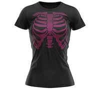 Purple Print House Womens Pink Glitter Skeleton Body T Shirt, Easy Skull Halloween Party Outfit Gifts for Women, Funny Bones Unique and Simple Mum Spooky Ladies Scary Costume Idea, L, Black