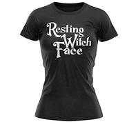 Purple Print House Womens Resting Witch Face T Shirt, Easy Skull Halloween Party Outfit Gifts for Women, Funny Skelton Unique and Simple Mum Spooky Ladies Scary Costume Idea, L, Black
