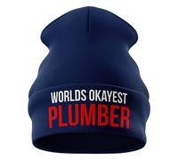 Purple Print House Worlds Okayest Plumber Hat - Beanie Hat - Workwear Gifts for Him - Winter Beanie Hat with a Plumbing Joke Embroidered On The Front, One Size, Navy