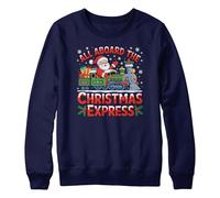 Purple Print House Xmas Jumpers for Boys All Aboard The Christmas Express Funny Santa Steam Train Sweater Gift Kids Top, 7-8 Years, Navy