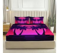 Purple Printed Fitted Sheet - Soft Breathable Fade Resistant Fitted Sheets with Minimalist Palm Trees Sun Pattern, Double Size Microfiber Shrinkage Bedding Set for kids and adults Bedroom 135 x 190 cm