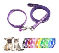 Purple Puppy Lead And Collar Sets, Extra Small Dog Collar And Lead Set Pawprint Adjustable Kitten Collar With Bell For Tiny Little XXS XS Small Breed Pets Dogs Cats Girls Female