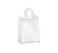 Purple Q Crafts Frosted Plastic Gift Bags 100 Pack 8" x 10" x 4" Clear Frosted Bags with Soft Loop Handles and Cardboard Insert, for Gifts Retail and More