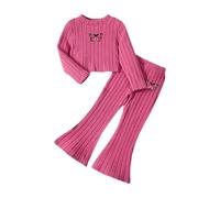 Purple Red Girls Rib Knit Clothes 2 Piece Loungewear Set Yellow Long Sleeve Pullover Tops and Flare Pants Baby Girls' Pyjamas Toddler Kids Tracksuits Knitted Sweatshirts Trousers Autumn Casual Outfits