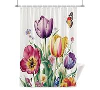 Purple Red Tulips Shower Curtain for Bathroom, Flying Butterfly Waterproof Cloth Fabric Bathroom Accessories Set with 12 Rust Proof Plastic Hooks, 56” x 78”