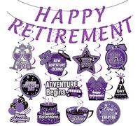 Purple Retirement Party Decorations, Happy Retirement Banner and 12 Pcs Purple Black Retirement Party Hanging Swirls for Women Men Retirement Office Farewell Photo Booth Props Party Supplies