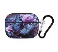 Purple Rose and Butterfly Earbuds Organizer Shockproof Protective Airpods Pro Cover with Carabiner Clip Anti Fall Carrying Earphone Case Cover for Airpods Pro 2nd Generation Black