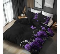 Purple Rose Butterfly King Duvet Cover Set 3 Piece with 2 Pillowcases, Dark Romantic Roses Patterned Bedroom Decor Bedding, Soft Microfibre Quilt Cover with Zip JM-119
